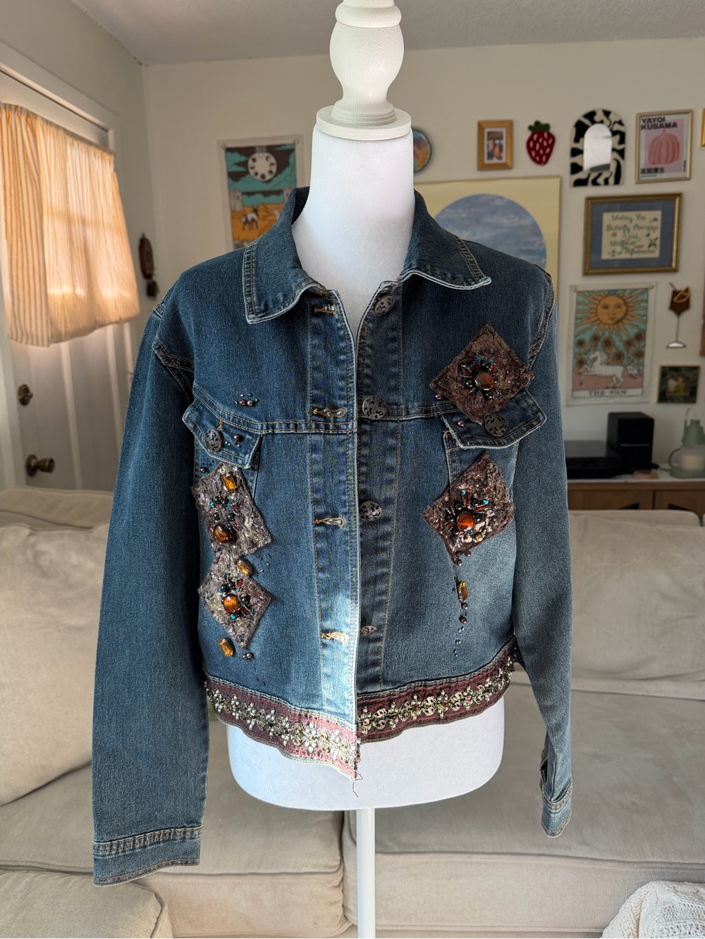 Y2K 2000s Vintage Brown Sequined Beaded AngFu Denim Beaded Jacket